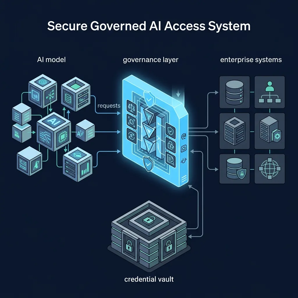 A governed MCP layer — AI requests flow through scoped access, approval gates, and audit logging before reaching enterprise systems