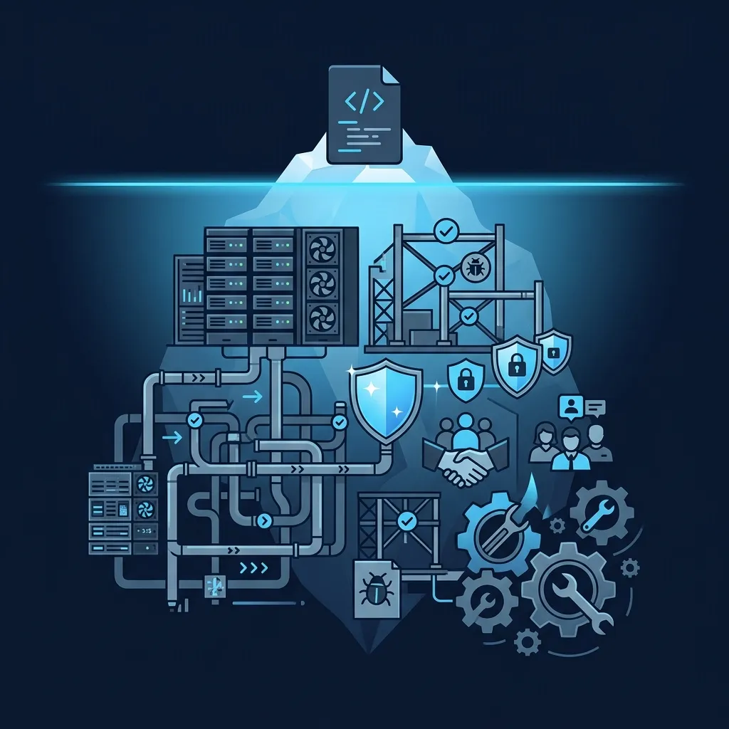 The hidden costs iceberg — the prototype is the tip, infrastructure, testing, security, and hiring lie beneath