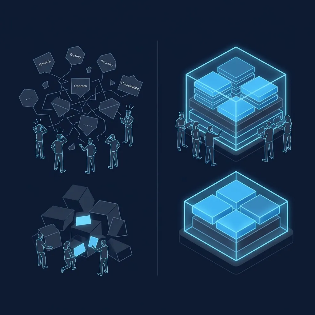 Managed platform absorbing complexity — scattered responsibilities versus a unified governed layer