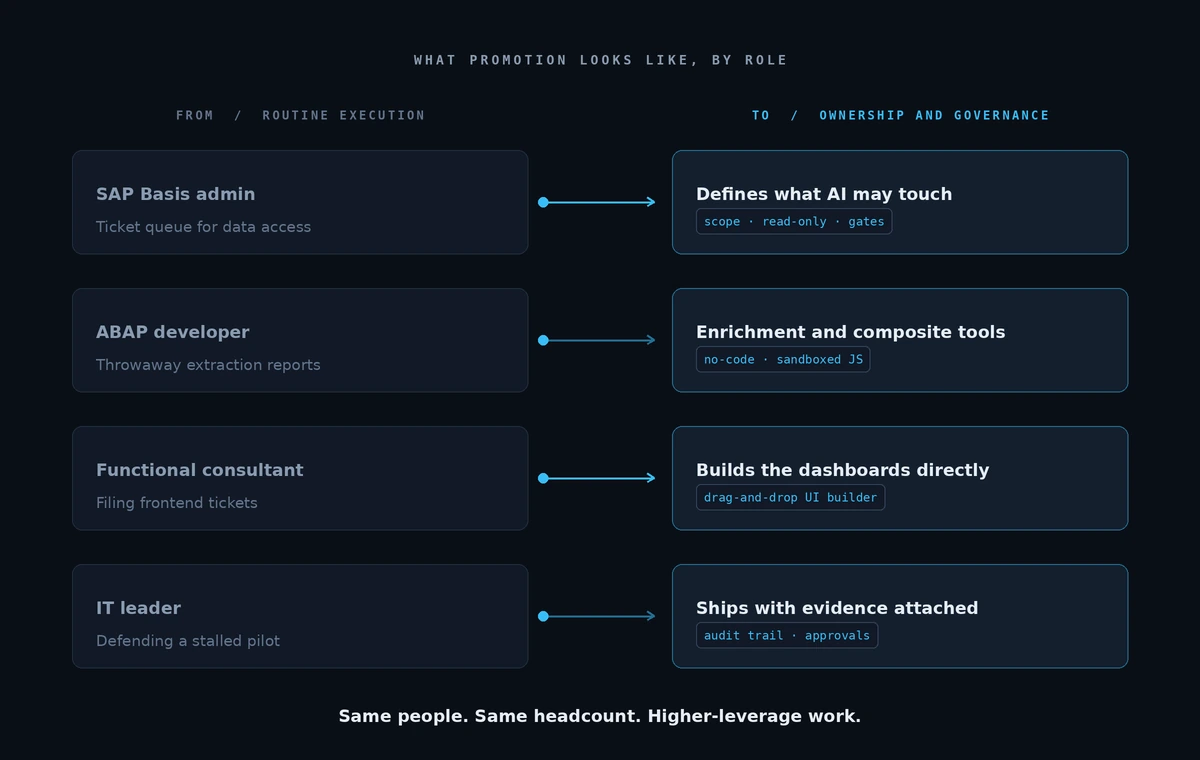 How each role moves from routine execution work up to ownership and governance